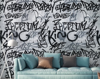 Graffiti wallpaper Grey | Non-woven wallpaper | Modern Wallpaper Black | Painting | Children's room Youth room Boys' room | 2.80 m x 1.59 m | Writing