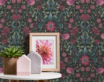 Blumentapete in Schwarz Pink | Florale Natur Tapete in Rosa Grün Blau | Moderne Vliestapete Schlafzimmer Wohnzimmer Bad | 10.05 m x 0.53 m