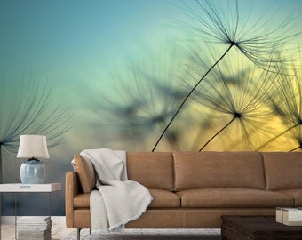 Dandelion Wall Mural Blue Black | Flying Dandelion | Living room wallpaper with dandelion | Nature wallpaper yellow