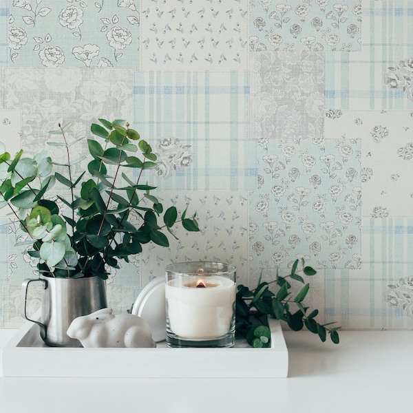 Papier peint fleuri carreaux bleu | papier peint à carreaux bleu clair gris | intissé moderne salon chambre cuisine | 10,05 m x 0,53 m