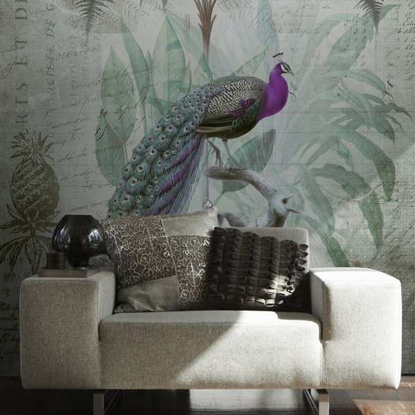 Mural with Birds Green Grey Purple | Wallpaper Jungle Palm Trees Birds | Bedroom, hallway, office and living room wallpaper | 2.00 m x 2.70 m