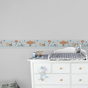 Airship wallpaper in light blue for baby room | Children's room border self-adhesive with Zeppelin | Non-woven children's wallpaper with animals Boy's room
