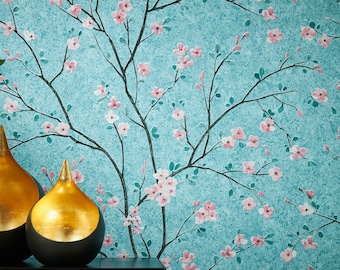 Floral wallpaper Turquoise | Non-woven Wallpaper Cherry Blossom Design Pink | Asian Style Black | Bedroom- living room wallpaper | 10.05 x 0.53 m