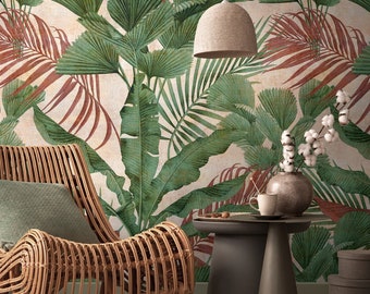 Dschungeltapete Pflanzen Grün Beige | Florale Mustertapete Tapete Dschungel | Vliestapete Wohnzimmer Schlafzimmer Küche | 10.05 m x 0.53 m