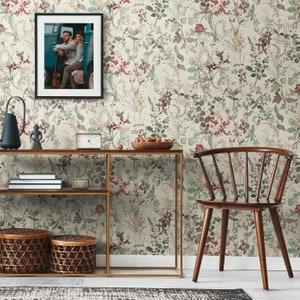 Wallpaper flowers & berries in country house style | White Green Red Beige | Living room non-woven wallpaper bedroom kitchen office hallway | 10.05 m x 0.53 m