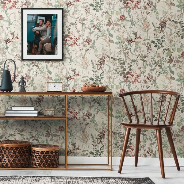 Tapete Blumen & Beeren im Landhaus Stil | Weiß Grün Rot Beige | Wohnzimmer Vliestapete Schlafzimmer Küche Büro Flur | 10.05 m x 0.53 m