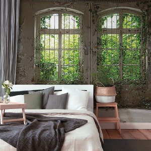 Photo wallpaper window green grey Old Window Bedroom wallpaper concrete optics Photo wallpaper Nature Windows with concrete optics image 1