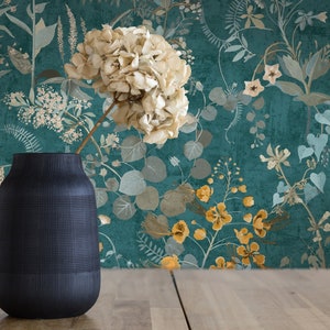 Floral wallpaper Petrol with floral pattern | Blue Yellow Green | Living room non-woven wallpaper bedroom kitchen office hallway | 10.05 m x 0.53 m