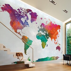 Weltkarte Fototapete Bunt Grau | Global Map | Flurtapete Landkarte | Fototapete mit bunter Weltkarte