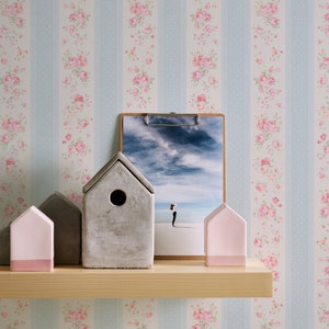 Carta da parati floreale con punti in | bianco blu Carta da parati floreale a righe in | rosa azzurro Carta da parati non tessuta soggiorno camera da letto | 10,05 m x 0,53 m