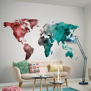 Carte du monde papier peint blanc bleu | World Graphic | Papier peint du salon carte | Papier peint photo avec carte du monde rouge