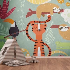 Mural Children&#39;s Room | Wallpaper children | Tiger wallpaper | Children&#39;s wallpaper | Wallpaper with animals | Wallpaper sloth | Crocodile wallpaper | 3.71 m x 2.8 m