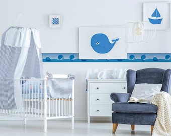 Selbstklebende Bordüre für Kinderzimmer | Babyzimmer Tapete Wale blau | Tapetenbordüre maritim ideal für Jungen und Mädchen