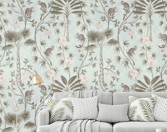 Jungle wallpaper with monkeys Green | Non-woven wallpaper | Natural wallpaper with palm trees | Floral pattern Blue | 2.80 m x 1.59 m | Living room bedroom