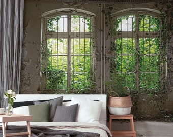 Fototapete Fenster Grün Grau | Old Window | Schlafzimmertapete Betonoptik | Fototapete Natur | Fenster mit Betonoptik