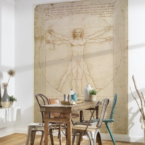 Murale Leonardo da Vinci | Le proporzioni della figura umana (da Vitruvio), c.1492 (penna e inchiostro su carta) | Art | Carta da parati del soggiorno