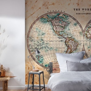 Photo-papier peint carte du monde Braun | Look vintage beige | Hemispheres | Vintage World Map | Chambre à coucher- papier peint | 3,50 x 2,55 m