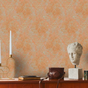 Classic wallpaper orange turquoise | Baroque wallpaper ornaments blue | Non-woven wallpaper modern living room bedroom kitchen bathroom hallway | 10.05 m x 0.53 m