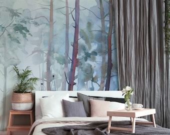 Photo wallpaper Forest Blue Green | Watercolours Fores | Bedroom wallpaper nature | Photo wallpaper with trees leaves and fog