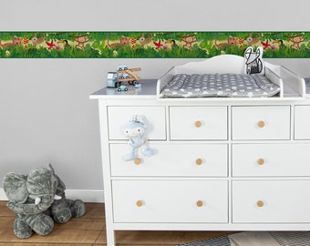 Papier peint jungle pour les chambres d’enfants avec des animaux | Bordure auto-adhésive en polaire | Bordure de papier peint en vert idéal pour les garçons et les filles