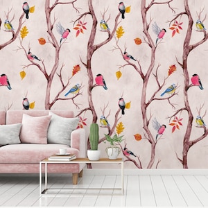 Tapete Vögel mit Blättern Rosa Braun | Wald Tapete Zweige | Vliestapete Vögel Äste | Natur Florale Blumen Fototapete Tiere | 2.80m x 1.59m