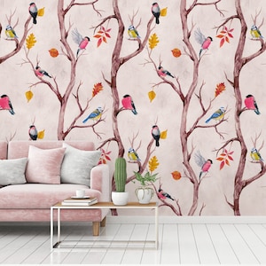 Tapete Vögel mit Blättern Rosa Braun Wald Tapete Zweige Vliestapete Vögel Äste Natur Florale Blumen Fototapete Tiere 2.80m x 1.59m Bild 1