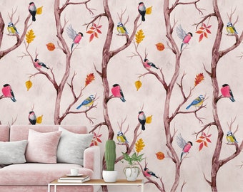Behang Vogels met Bladeren Roze Bruin | Bosbehang takken | Vliesbehang Vogels Takken | Natuur Bloemen Bloemen Muurschildering Dieren | 2,80 m x 1,59 m