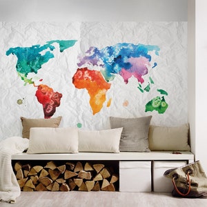 Photo-papier peint carte du monde coloré blanc | Colourful World | Tapis d’écran carte | Papier peint photo avec carte du monde coloré avec structure
