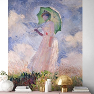 Muurschildering | Vrouw met Parasol draaide zich naar links | Claude Monet | Mevr. | Veld | Slaapkamer, hal, kantoor en woonkamer behang