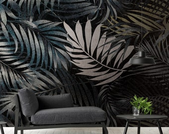 Mural Floral | Wallpaper palm leaves | Jungle wallpaper | Non-woven wallpaper green silver | Wallpaper living room bedroom | 3.71 m x 2.8 m
