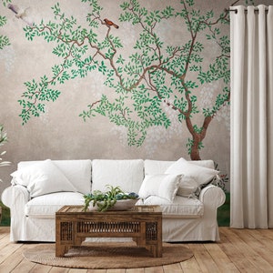 Fototapete Natur | Vliestapete Äste Wald | Vlies Tapete beige grün | Fototapete Baum | Tapete Wohnzimmer Schlafzimmer | 3,71m x 2,80m