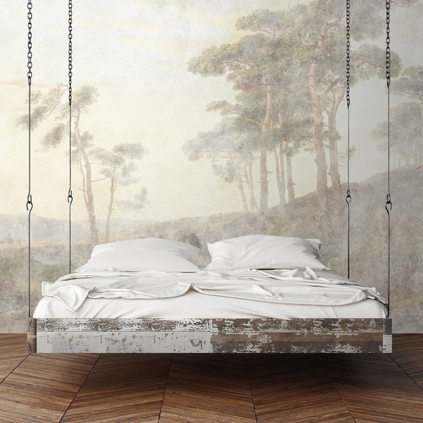 Mural forest beige grey blue | Natural Wallpaper Landscape Vintage | Bedroom, kitchen, hallway, office and living room wallpaper | 4.00 m x 2.70 m