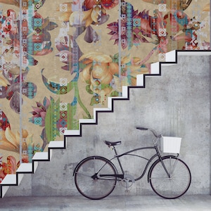 Flowers photo wallpaper beige green red | Collage 3 | Living room wallpaper abstract | | a woven wallpaper with a floral pattern 4.00 m x 2.70 m