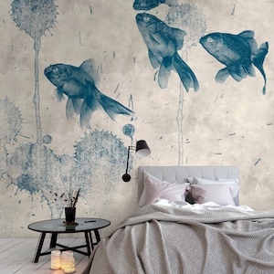 Wall mural with fish, animals beige blue cream | Pond 1 | Bedroom Wallpaper Animals | Picture wallpaper with fish underwater | 4.00m x 2.70m
