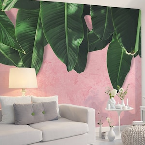 Photo wallpaper Jungle | Palm leaves Pink Green | Leaves Wall | hanging palm leaves | Bedroom and living room wallpaper | 3.50 x 2.55 m