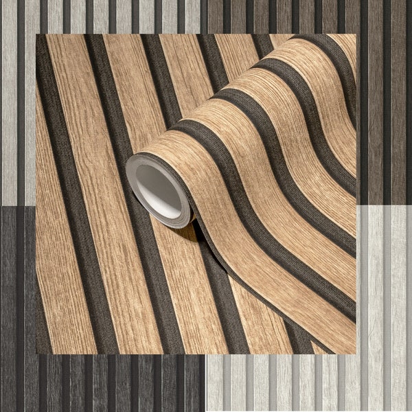 wallpaper acoustic panel optics brown beige wood panels | non-woven wallpaper wood optics wallpaper slat wall 3D panels grey black modern