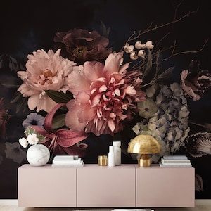 Flower wallpaper Pink Black | floral photo wallpaper Roses Blossom Variety | Living room wallpaper with floral pattern | Peonies with leaves