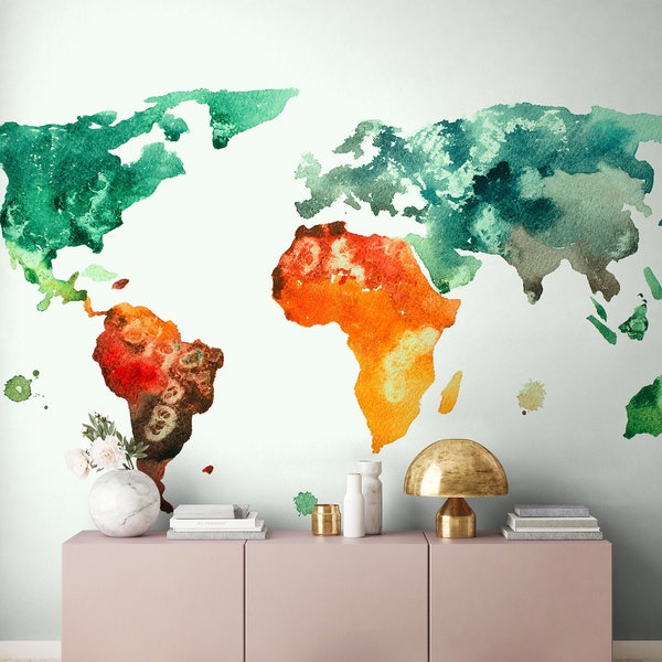 Vliestapete World Map Green Orange | Colourful World | Living room wallpaper map | Photo wallpaper with colorful world map