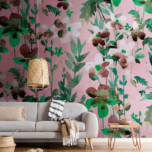 Jungle wallpaper | Wallpaper Floral | Wallpaper leaves| Mural Jungle | Mural Plants | Mural Flowers | Green Pink | 3.71 m x 2.8 m