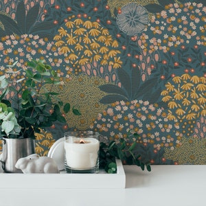 Carta da parati floreale anni '70 design colorato | Giallo Petrolio Grigio Rosa | Camera da letto Soggiorno Ufficio Corridoio Cucina Carta da parati non tessuta | 10,05 m x 0,53 m