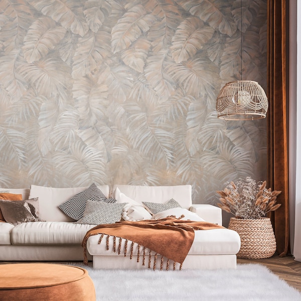 Papier peint palmier marron gris | papier peint jungle floral | intissé salon chambre salle de bains cuisine | 2,80 m x 1,59 m