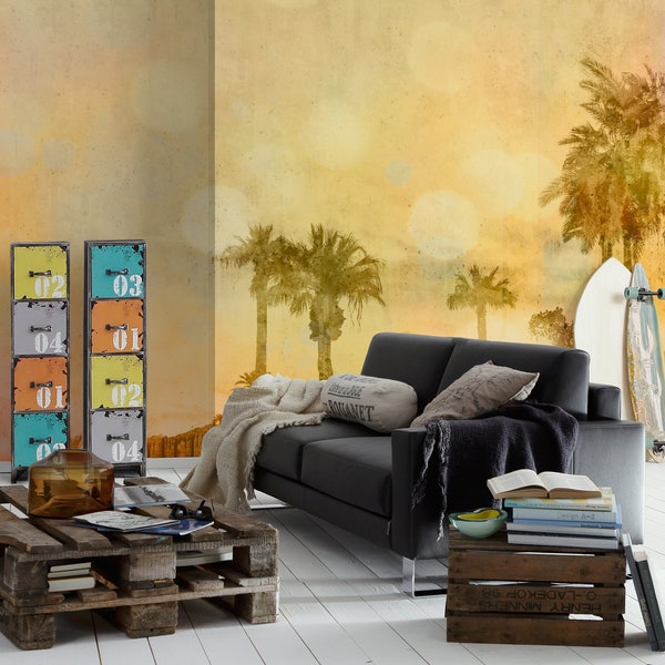 Mural with palm trees Yellow | Wallpaper Palm Trees Oriental | Bedroom, children's room, hallway, office and living room wallpaper | 4.00 m x 2.70 m
