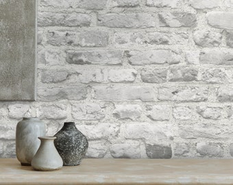 Modern stone wallpaper | Grey Light grey White | Brick non-woven wallpaper Stone look | Living room bedroom hallway kitchen | 10.05 m x 0.53 m