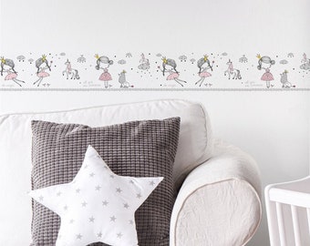 Princess wallpaper as a border self-adhesive | Wallpaper with unicorn in pink and grey | Clouds wallpaper ideal for baby room of girls