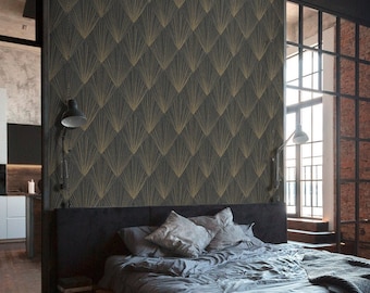 Pattern wallpaper in modern Art Deco style | Non-woven wallpaper Black Gold Grey | Metallic effect | Bedroom- Living room wallpaper | 10.05 x 0.53 m