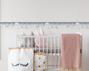Clouds wallpaper border self-adhesive for children&#39;s room | Non-woven wallpaper with stars in pink and grey | Baby wallpaper border for girls&#39; room