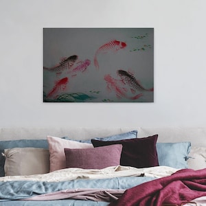 Canvas painting fish violet | Canvas on stretcher | Animals Fish Pink Grey | dancing kois | Mural | Decorative picture | 90 cm x 60 cm