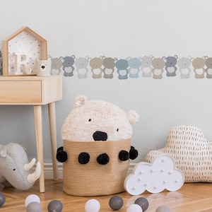 Teddy Bär Tapete für Babyzimmer | Selbstklebende Bordüre in Pastellfarben für Kinderzimmer | Tapetenbordüre ideal für Baby Jungenzimmer