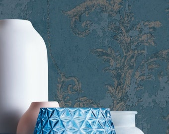 Baroque wallpaper Blue Silver | Vliest wallpaper with ornaments | Classic pattern wallpaper | Bedroom and living room wallpaper | 10.05 x 0.53 m