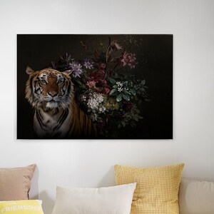 Leinwandbild Blumen Tiger Grün | Leinwandbild auf Keilrahmen | wildlife | Wandbild Rosa | Tiger Rot Schwarz |  Dekobild | 90 x 60 cm